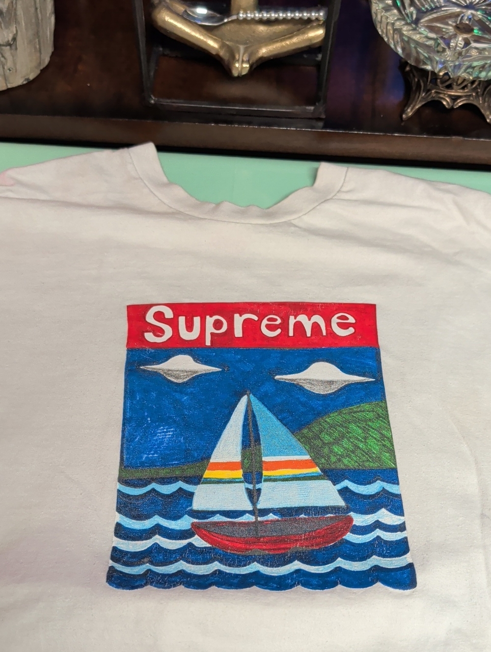 Supreme White Kids Sailboat Graphic Tee with Red Logo